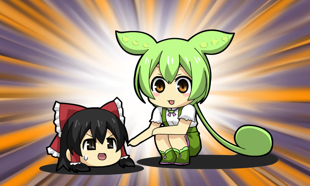 2girls black_eyes black_hair blush_stickers bow brown_background brown_eyes commentary_request crossover flat_chest frilled_bow frilled_hair_tubes frills full_body green_brooch green_footwear green_hair green_shorts hair_bow hair_tubes hakurei_reimu looking_at_viewer low_ponytail matsudora124 multiple_girls open_mouth pea_pod red_bow shirt short_hair short_sleeves shorts squatting suspender_shorts suspenders sweatdrop touhou v-shaped_eyebrows voicevox white_shirt yukkuri_shiteitte_ne zundamon