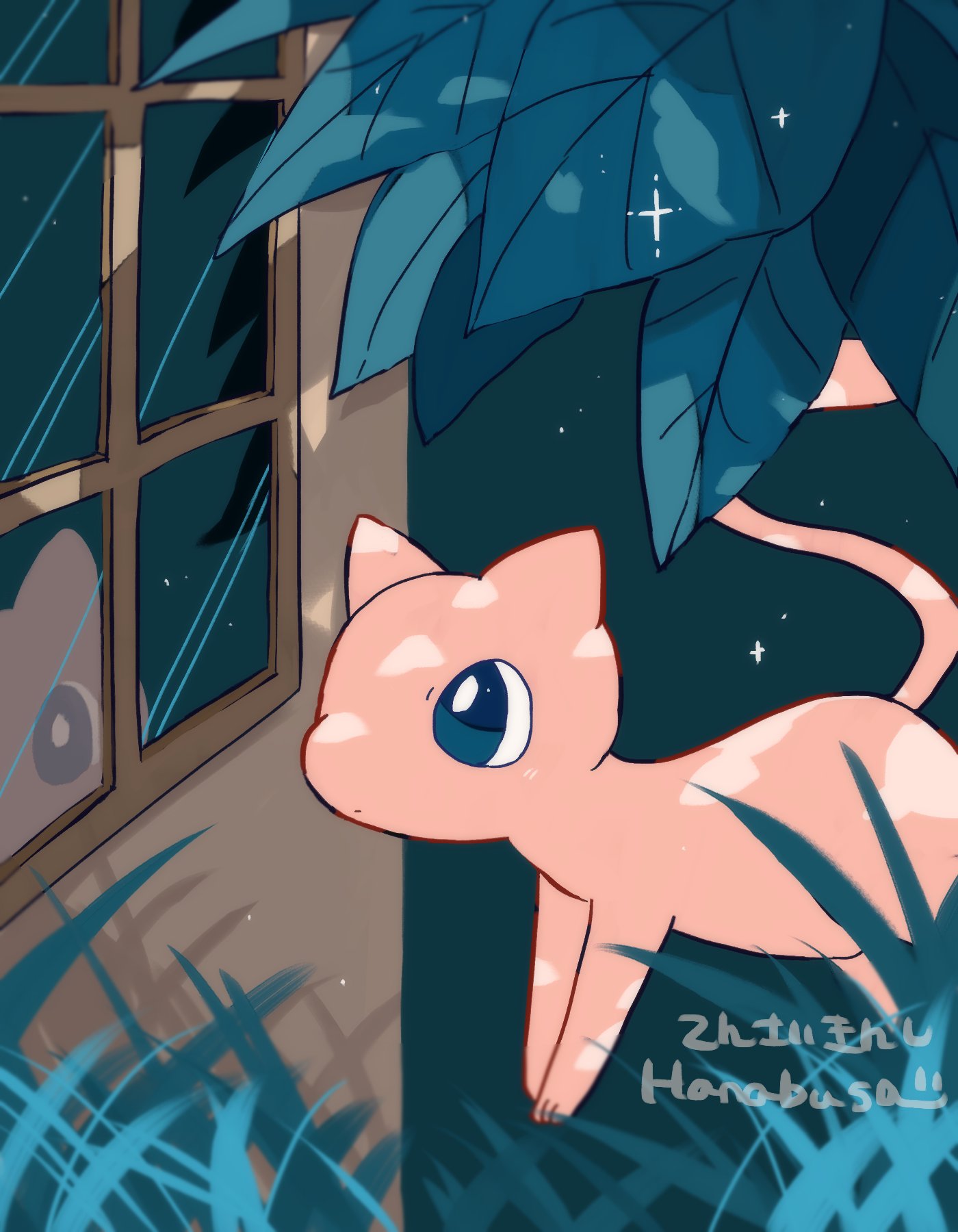 animal_focus artist_name blue_eyes colored_skin commentary_request floating glass grass hanabusaoekaki highres leaf looking_outside mew_(pokemon) no_humans pink_skin pokemon pokemon_(creature) reflection sparkle tail window