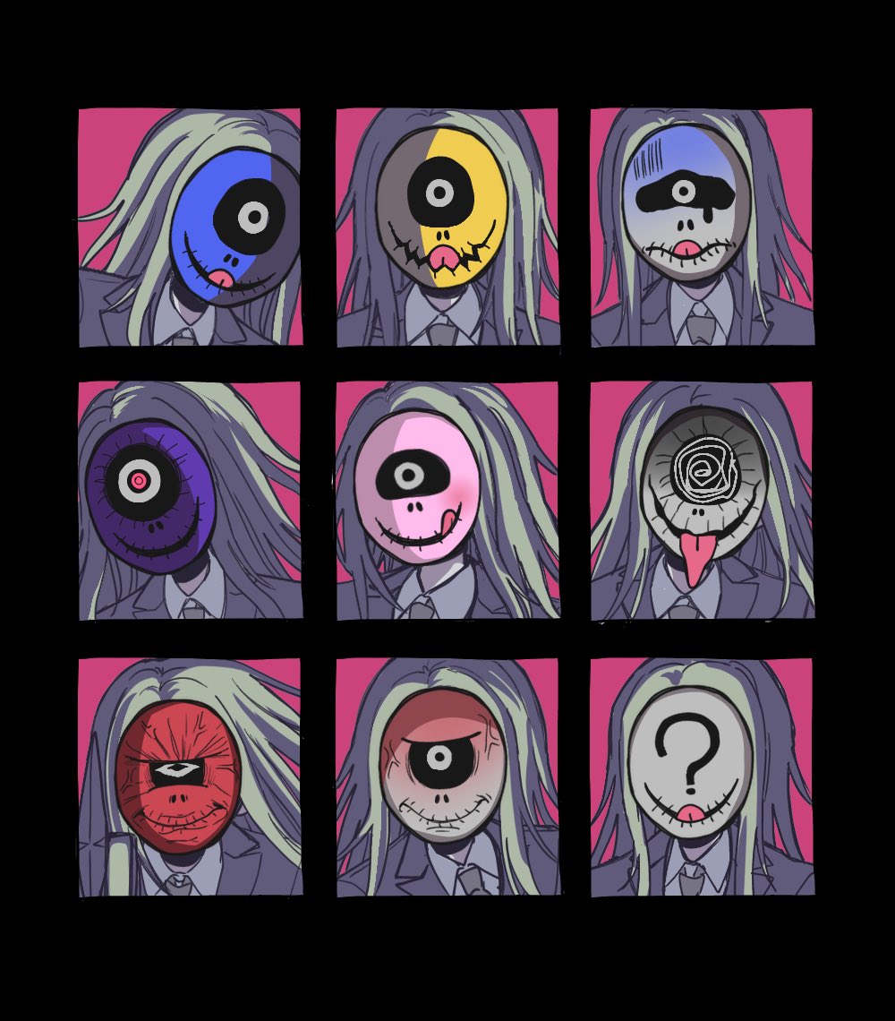 1boy ? anger_vein angry blush closed_mouth collared_shirt commentary_request covered_face expressions grey_jacket jacket long_hair long_tongue makoto_kagutsuchi male_focus mask master_detective_archives:_rain_code multiple_views one-eyed open_mouth pisapipi portrait shirt smile spoilers tongue tongue_out turn_pale white_shirt