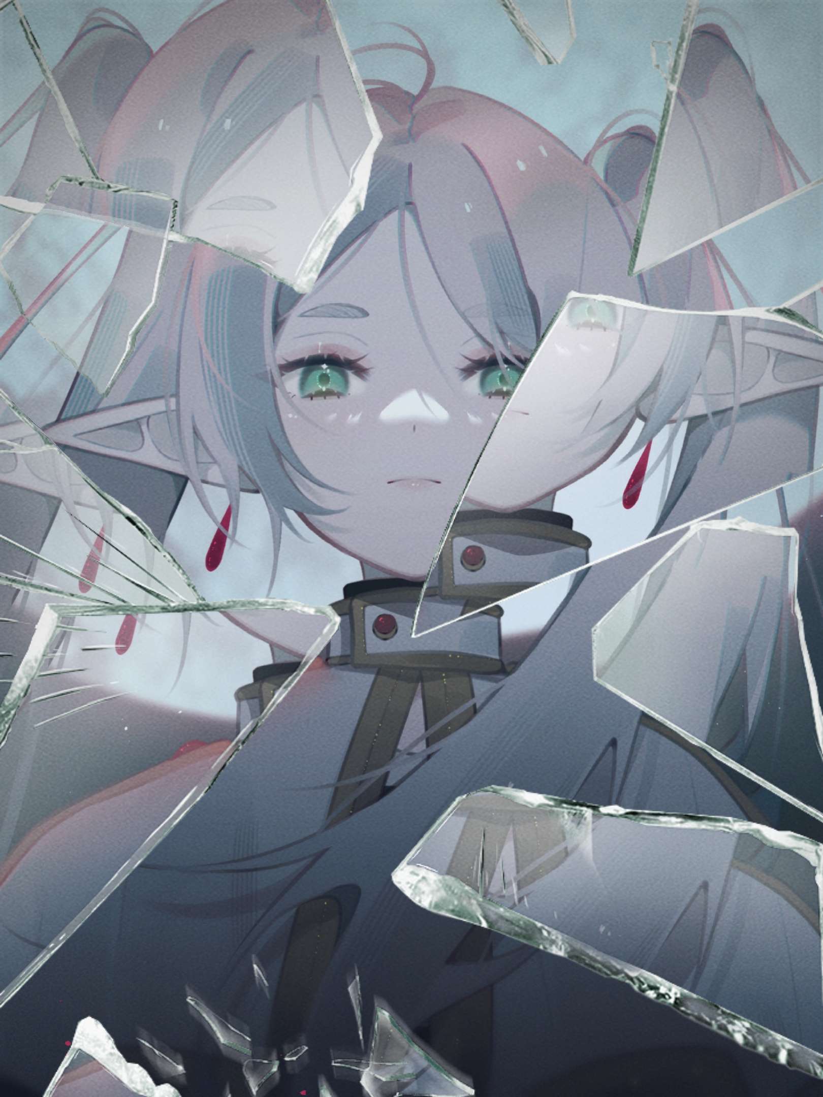 1girl app_filter capelet closed_mouth earrings expressionless frieren glass_shards green_eyes highres jewelry long_hair looking_at_viewer miru_(miruzuya) pointy_ears sidelocks solo sousou_no_frieren upper_body white_capelet white_hair