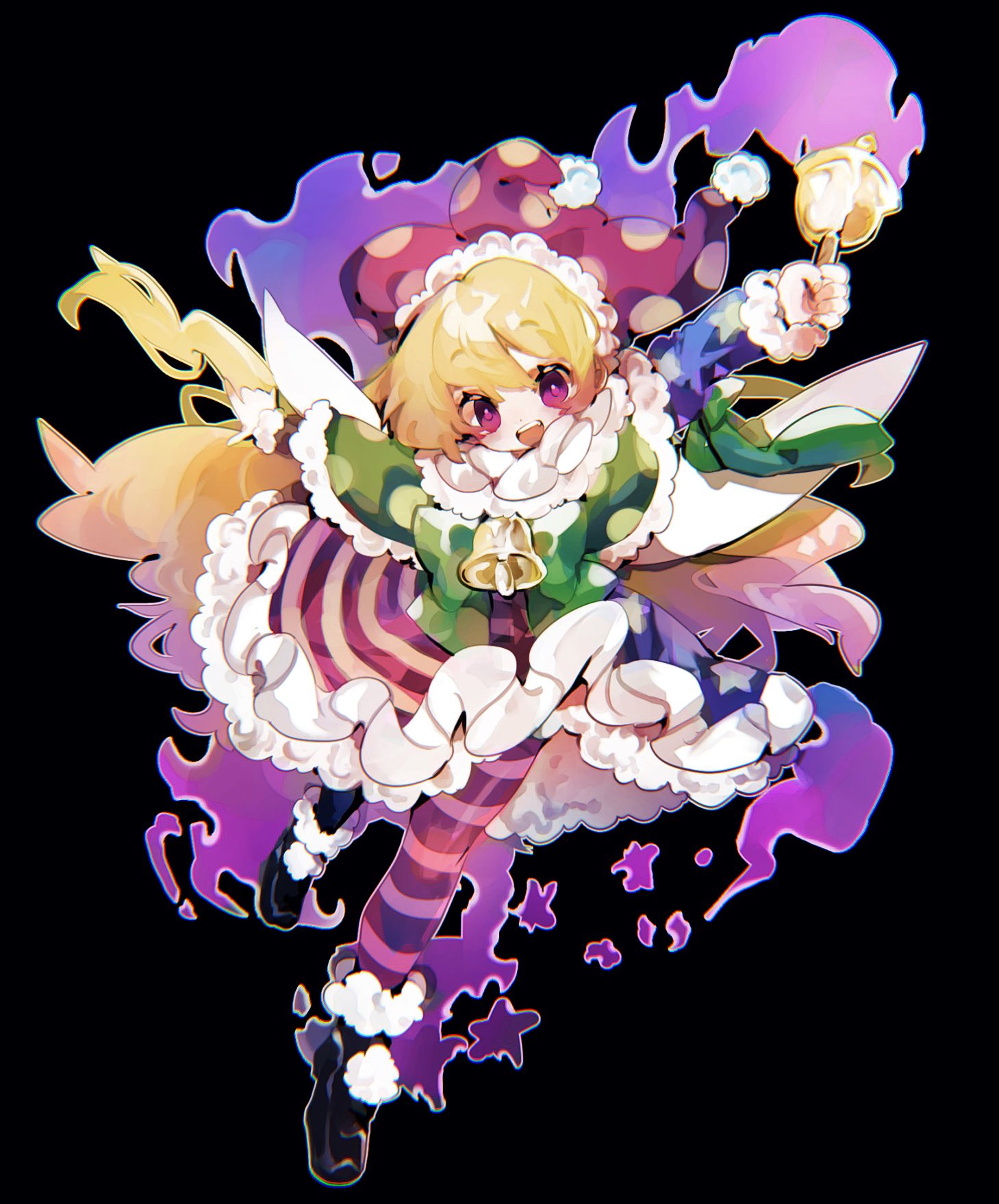 1girl :d american_flag_dress arm_up aura ayahi_4 bell black_background black_footwear blonde_hair bow bowtie capelet clownpiece commentary_request fairy_wings full_body fur-trimmed_capelet fur-trimmed_footwear fur-trimmed_sleeves fur_trim green_bow green_bowtie green_capelet hat highres holding holding_bell jester_cap long_hair long_sleeves looking_at_viewer neck_bell neck_ruff open_mouth pantyhose polka_dot_headwear pom_pom_(clothes) purple_headwear simple_background smile solo striped striped_pantyhose touhou very_long_hair violet_eyes wings