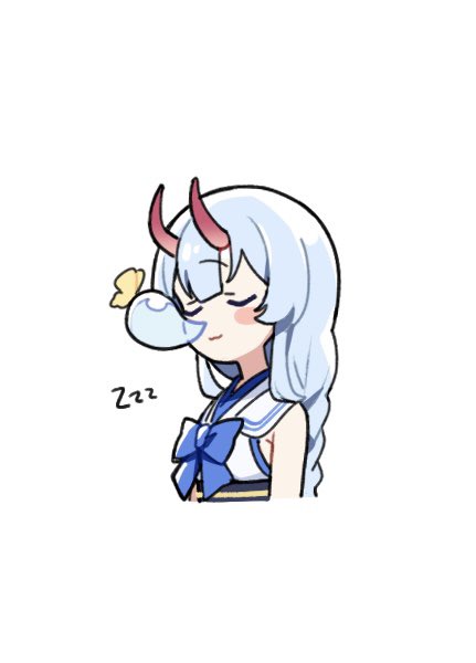 1girl animal blue_archive blue_hair blush_stickers bug butterfly chise_(blue_archive) closed_eyes closed_mouth cropped_arms cropped_torso horns long_hair nose_bubble oni_horns red_horns simple_background sleeping smile solo syumi080 upper_body white_background zzz