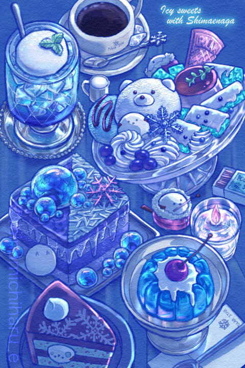 bird blue_theme cake cake_slice candle candy cherry coffee commentary_request cookie cup english_text fire food food_focus fruit gelatin glass holding_matchstick ice_cream long-tailed_tit matchbox milk minamichiharu mouth_hold mug napkin no_humans original plate snowflake_print spoon sweets table tit_(bird) twitter_username wafer