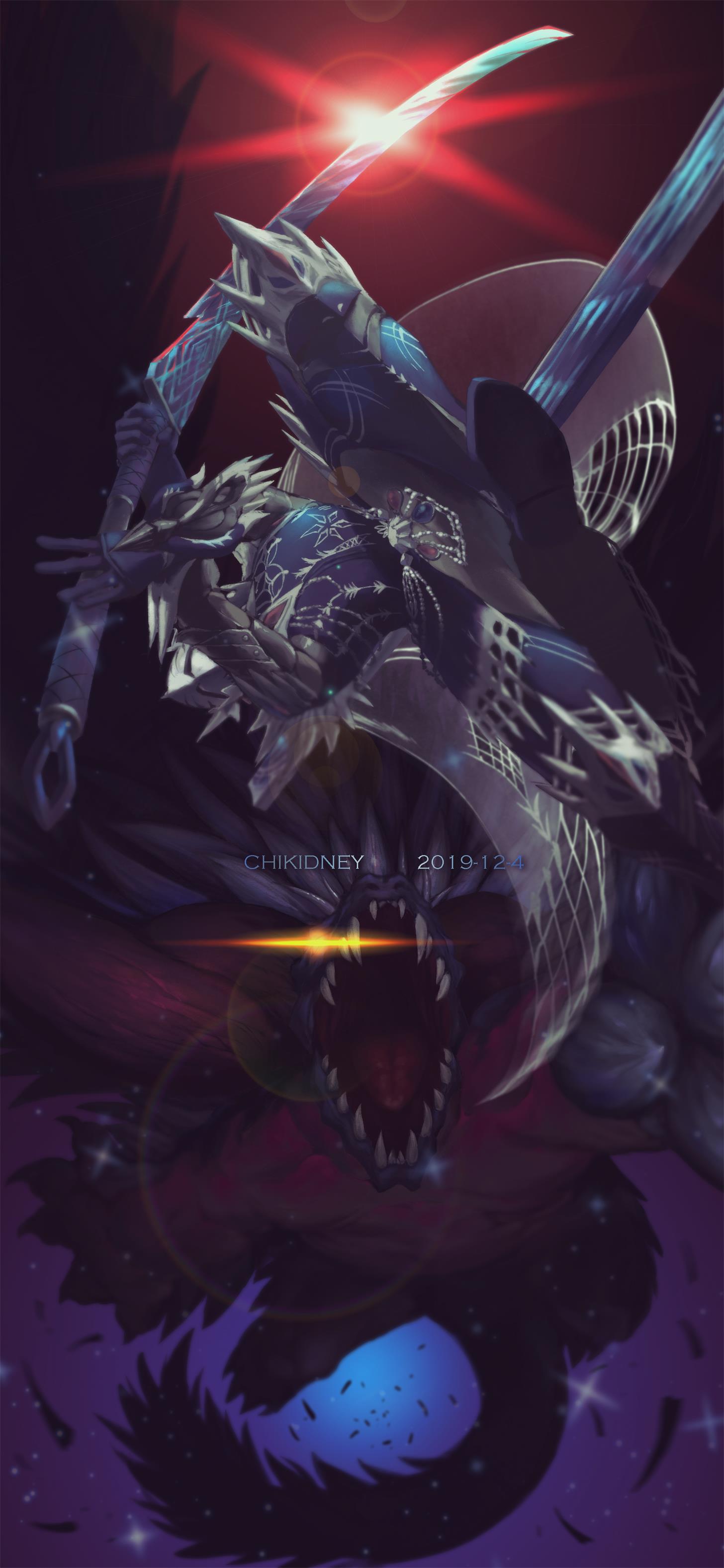 1boy absurdres armor artist_name blue_armor cape chikidney dated dragon full_armor gauntlets glowing glowing_eyes greaves helmet highres holding holding_sword holding_weapon jumping lens_flare monster monster_hunter:_world monster_hunter_(character) monster_hunter_(series) nergigante one_eye_covered open_mouth scabbard scales sharp_teeth sheath slinger_(monster_hunter) spiked_tail spikes sword tail teeth velkhana_(armor) weapon wings yellow_eyes