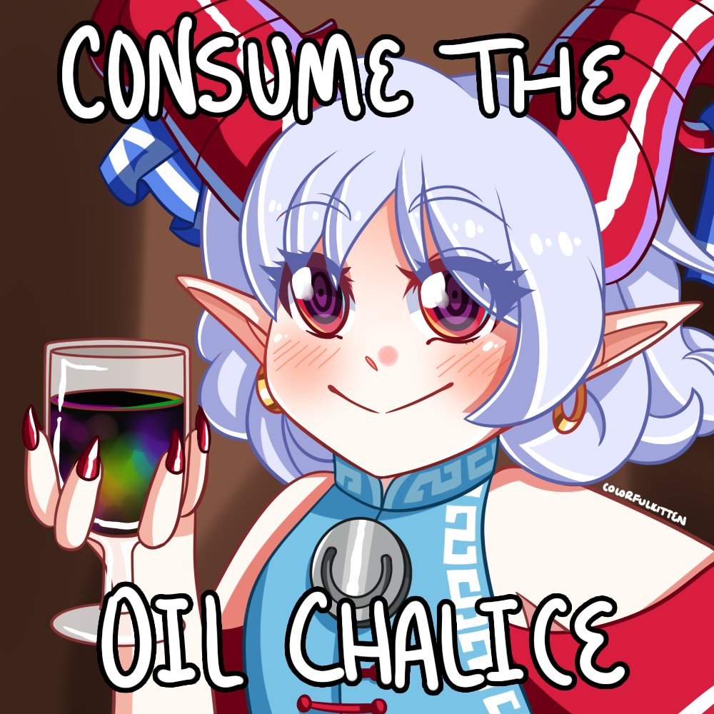 1girl blue_dress blurry blurry_background blush closed_mouth colorfulkitten commentary crude_oil cum_chalice_(meme) cup curled_horns detached_sleeves dress drinking_glass earrings english_commentary english_text fingernails grey_hair holding holding_cup horns image_macro_(meme) jewelry looking_at_viewer meandros medium_bangs meme patterned_clothing pointy_ears red_eyes red_horns red_nails red_sleeves ringed_eyes sharp_fingernails sheep_horns short_hair smile solo touhou toutetsu_yuuma upper_body wine_glass