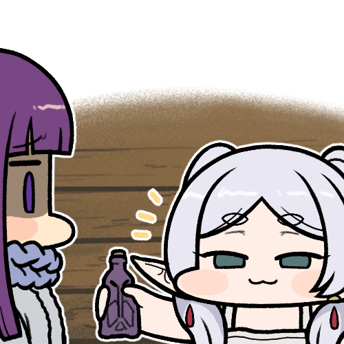 2girls :3 blunt_bangs blunt_tresses blush_stickers bottle chibi commentary earrings elf fern_(sousou_no_frieren) frieren green_eyes holding holding_bottle jazz_jack jewelry lowres multiple_girls outline parted_bangs pointy_ears purple_hair shaded_face short_eyebrows sidelocks smug sousou_no_frieren thick_eyebrows twintails violet_eyes wide_face wooden_wall
