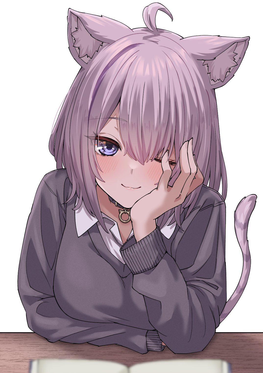 1girl ;) animal_ears arm_support bisuke_(isbsk_ekaki) black_sweater book breasts cat_ears cat_girl cat_tail collar head_rest highres hololive large_breasts long_sleeves looking_at_viewer medium_hair nekomata_okayu one_eye_closed purple_hair shirt smile sweater tail translation_request violet_eyes virtual_youtuber white_background white_shirt