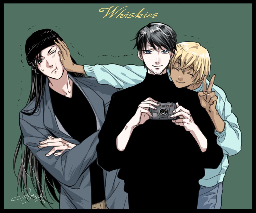 3boys :t ^_^ akai_shuuichi amuro_tooru beanie black_border black_hair black_headwear black_sweater blonde_hair blue_eyes blue_sweater border camera cheek_press closed_eyes crossed_arms dark-skinned_male dark_skin facial_hair facing_viewer green_background grey_jacket hand_on_another's_cheek hand_on_another's_face hand_up hands_up hat head_on_another's_shoulder holding holding_camera jacket leaning_to_the_side long_hair long_sleeves male_focus meitantei_conan multiple_boys name_connection one_eye_closed outstretched_arm pushing_away scotch_(meitantei_conan) short_hair signature stubble sweatdrop sweater taking_picture trembling turtleneck upper_body v v-neck warlock1000
