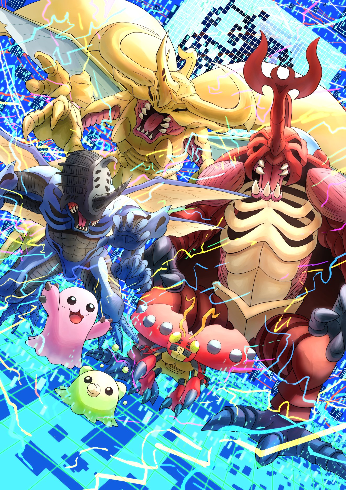 atlurkabuterimon_(red) bubbmon bug digimon digimon_(creature) drawlife01 electricity evolutionary_line fangs heraklekabuterimon highres horns kabuterimon looking_at_viewer mochimon monster open_mouth single_horn size_difference smile tentomon