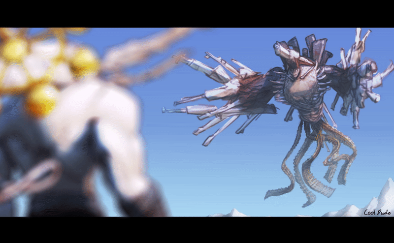 2others animated animated_gif blurry chainsaw_man crossover depth_of_field gun_devil_(chainsaw_man) jujutsu_kaisen mahoraga_(jujutsu_kaisen) monster multiple_others muscular_other shikigami sky spoilers wheel_of_dharma xvx_cooldude69_xvx