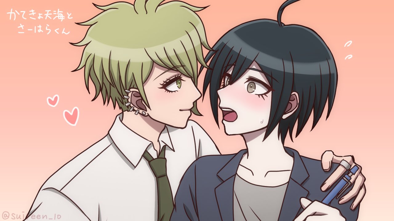 2boys :o ahoge alternate_costume amami_rantaro black_hair brown_eyes brown_necktie collarbone collared_shirt danganronpa_(series) danganronpa_v3:_killing_harmony ear_piercing earrings eye_contact green_hair hand_on_another's_shoulder heart holding holding_pen jewelry long_sleeves looking_at_another male_focus multiple_boys necktie open_mouth pen piercing pink_background ring saihara_shuichi shirt short_hair smile suiren_yurei teeth tongue translation_request upper_teeth_only yaoi