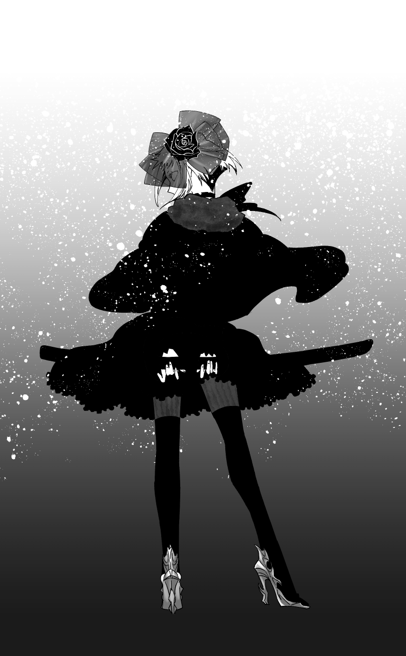 1girl arms_behind_back blank_eyes bow capelet dress flower from_behind full_body gradient_background hair_bow hair_flower hair_ornament high_heels highres holding holding_behind_back holding_sword holding_weapon kekkai_sensen legs_apart long_sleeves maroxxtanaka monochrome pantyhose profile see-through sheath sheathed short_hair snowing solo standing sword thigh-highs thighhighs_over_pantyhose veneranda weapon