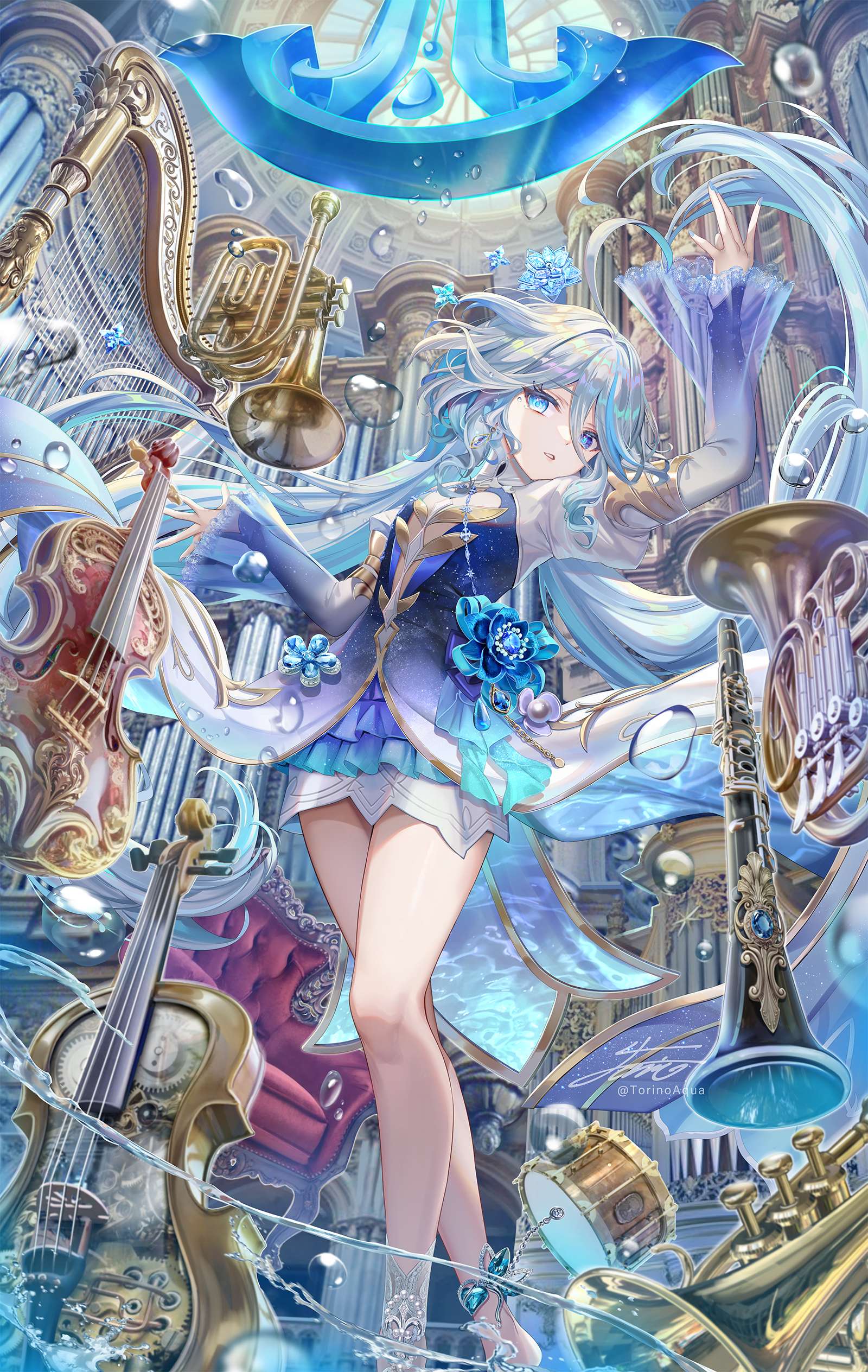 1girl absurdres anklet armchair bare_legs barefoot blue_brooch blue_eyes blue_hair blue_nails caustics center_opening chair clarinet closed_mouth cowlick dancing dome dress drum earrings flat_chest floating floating_hair floating_object focalors_(genshin_impact) french_horn gears genshin_impact gradient_dress hair_between_eyes hand_up harp high-low_skirt highres horn_(instrument) instrument jewelry juliet_sleeves layered_sleeves light_blue_hair long_hair long_sleeves looking_at_viewer mismatched_pupils multicolored_hair nail_polish non-web_source parted_lips pillar puffy_sleeves see-through see-through_sleeves sidelocks solo starry_sky_print streaked_hair sword torino_aqua trumpet twintails very_long_hair violin water water_drop wavy_hair weapon white_dress white_hair