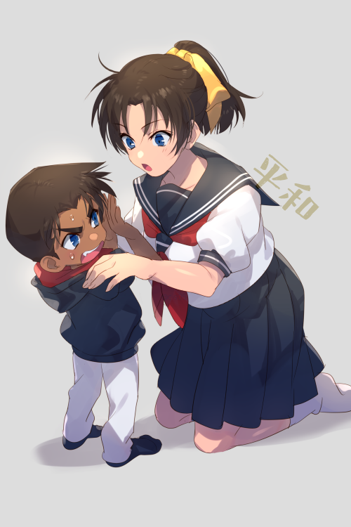 1boy 1girl age_difference age_regression aged_down averting_eyes black_hoodie black_socks blue_eyes blue_sailor_collar blue_skirt brown_hair child covering_face dark-skinned_male dark_skin echo_(circa) from_side grey_background hair_ribbon hand_on_another's_shoulder hands_up hattori_heiji hood hoodie kneeling leaning_back looking_at_another looking_to_the_side meitantei_conan miniskirt neckerchief nervous no_shoes open_mouth outstretched_arm pants parted_bangs pleated_skirt ponytail puffy_short_sleeves puffy_sleeves red_neckerchief ribbon sailor_collar school_uniform serafuku short_sleeves simple_background skirt socks standing sweat tooyama_kazuha white_pants white_socks yellow_ribbon