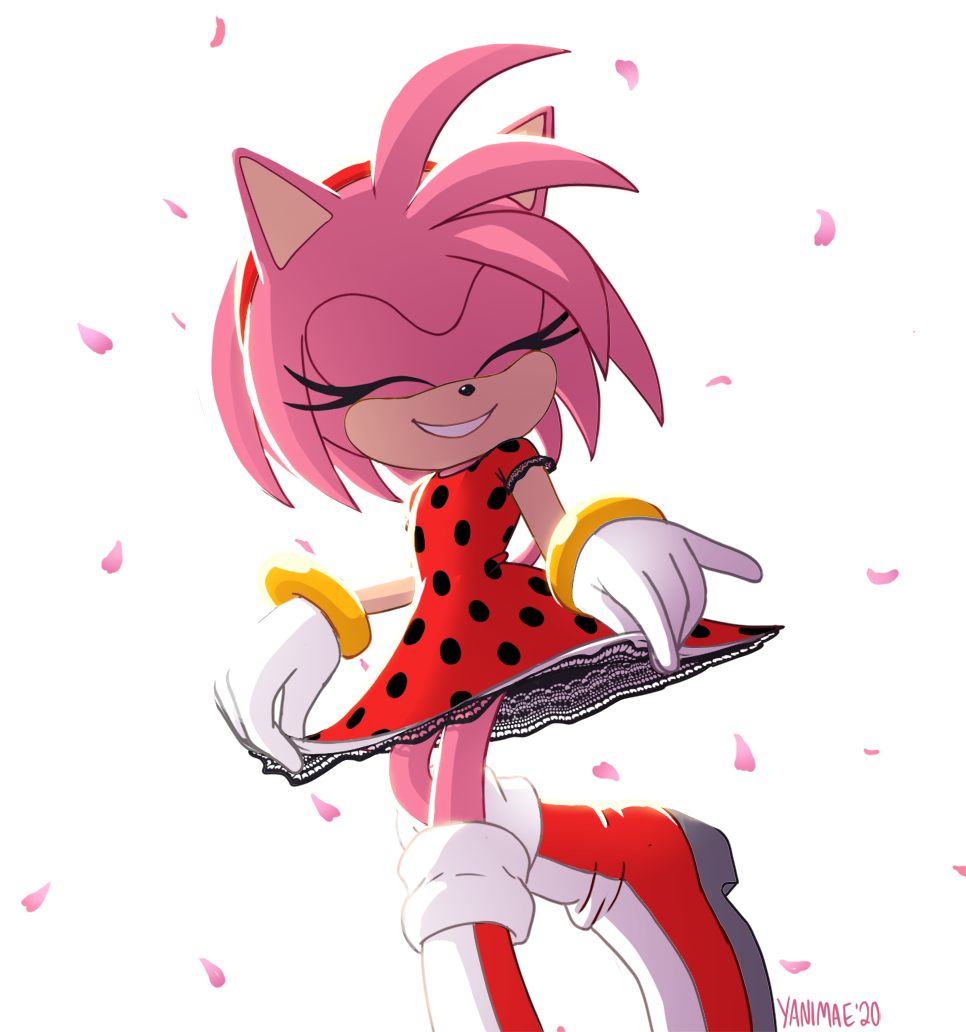 1girl alternate_costume amy_rose boots closed_eyes dress eyelashes falling_petals furry furry_female gloves petals polka_dot polka_dot_dress red_dress red_footwear signature simple_background smile solo sonic_(series) white_background yanimae