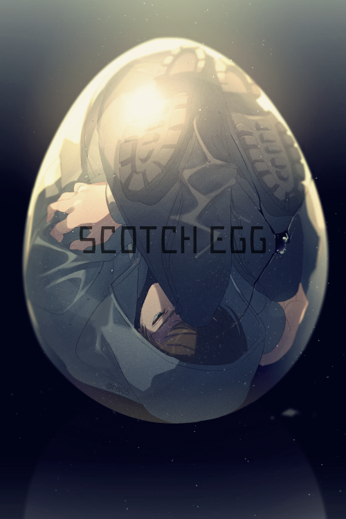 1boy black_background black_hair black_pants bullet_hole character_name covered_mouth crack cracked_egg crossed_ankles crossed_arms echo_(circa) egg facial_hair fetal_position full_body grey_hoodie hood hood_up hoodie in_container light_particles long_sleeves male_focus meitantei_conan one_eye_covered pants scotch_(meitantei_conan) self_hug shoe_soles short_hair solo stubble upside-down