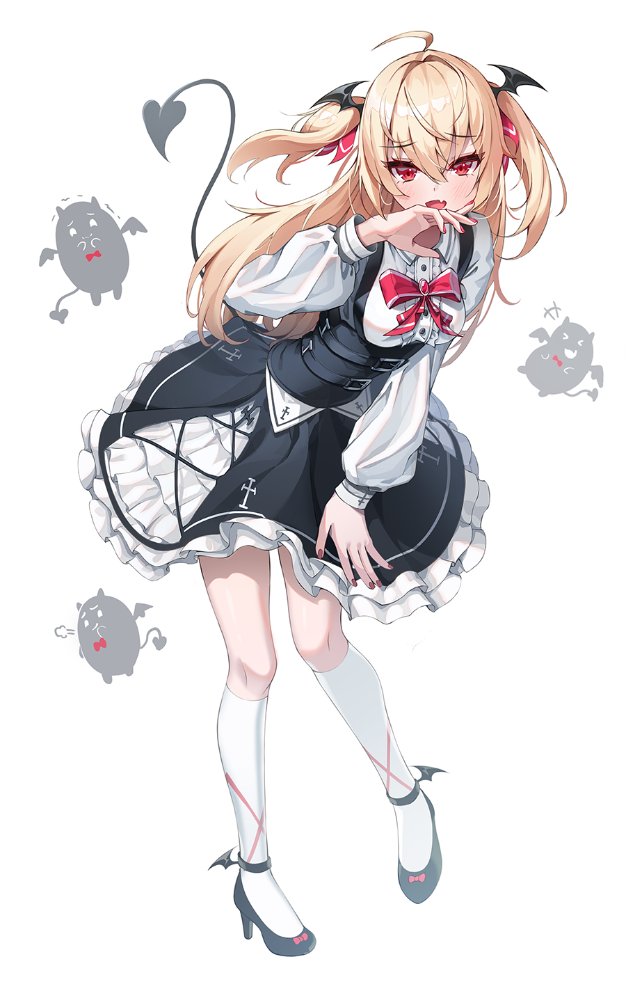 1girl :d ahoge blonde_hair bow bowtie breasts collared_shirt cross demon_girl dress fang frilled_skirt frills gem hair_ribbon hand_to_own_mouth head_wings high_heels highres kira_(kira78718520) kneehighs laughing ojou-sama_pose original red_bow red_bowtie red_eyes red_gemstone red_nails ribbon shirt simple_background skin_fang skirt smile socks solo two_side_up white_background white_shirt white_socks wings