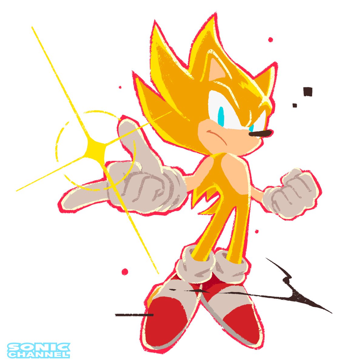 1boy animal_ears blue_eyes gloves glowing hedgehog_ears highres official_art red_footwear serious simple_background solo sonic_(series) sonic_frontiers sonic_the_hedgehog sonicofficialjp super_sonic super_sonic_2 uno_yuuji white_background white_gloves yellow_fur