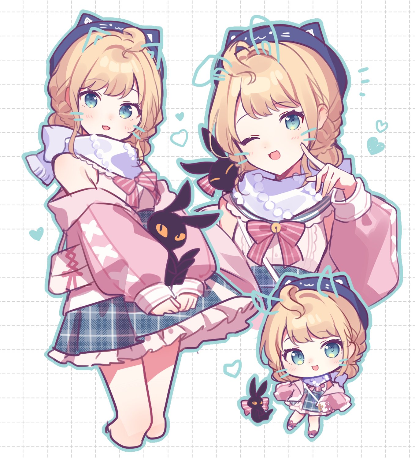 1girl ahoge bare_shoulders bell beret blonde_hair blue_eyes blue_headwear blue_sailor_collar blue_skirt bow bowtie braid cat chibi cropped_legs finger_to_cheek frilled_skirt frills hat highres jingle_bell long_hair looking_at_viewer lucie_(millie_parfait) millie_parfait millie_parfait_(3rd_costume) nijisanji nijisanji_en one_eye_closed open_mouth pink_bow pink_bowtie pink_sweater plaid sailor_collar scarf skirt smile solo sweater virtual_youtuber waka_(wk4444) white_scarf