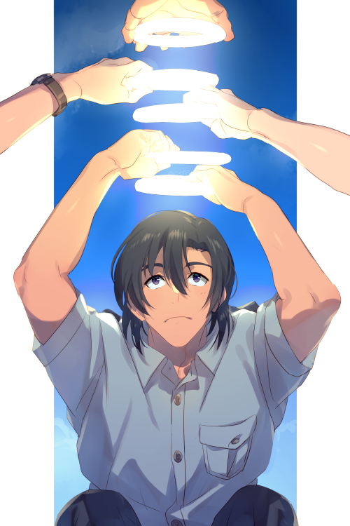 1boy arms_up black_hair blue_background blue_shirt breast_pocket date_wataru echo_(circa) facial_hair frown glowing_halo hagiwara_kenji hair_between_eyes halo holding holding_halo looking_at_another looking_up male_focus matsuda_jinpei meitantei_conan out_of_frame outside_border pocket police police_uniform scotch_(meitantei_conan) shirt short_hair short_sleeves solo_focus stubble symbolism uniform upper_body violet_eyes watch watch