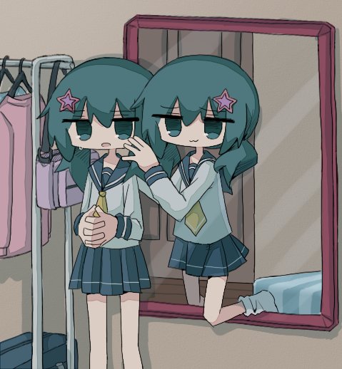 2girls :3 aqua_eyes aqua_hair clone closed_mouth clothes_rack feet_out_of_frame grey_sailor_collar grey_skirt hair_between_eyes hair_ornament hand_on_another's_face hand_up indoors interlocked_fingers jitome kanikan long_hair long_sleeves looking_at_viewer low_twintails miniskirt mirror multiple_girls necktie open_mouth original own_hands_together pleated_skirt sailor_collar sailor_shirt school_uniform serafuku shirt skirt socks standing star_(symbol) star_hair_ornament through_mirror twintails unworn_clothes white_shirt white_socks yellow_necktie