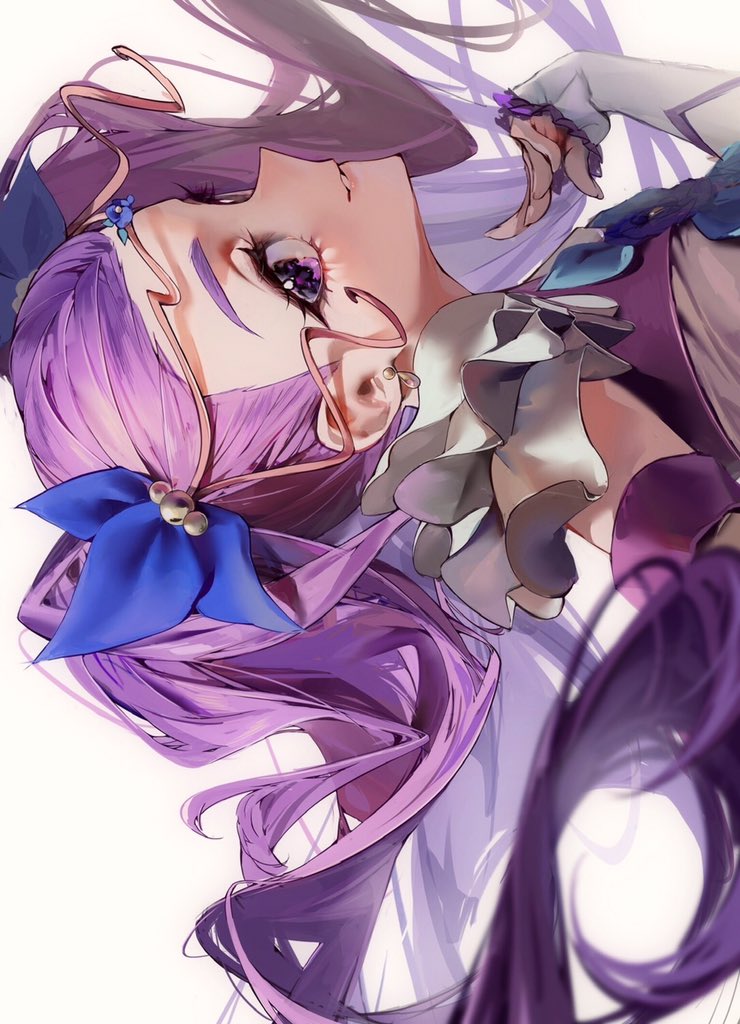 1girl blue_flower blue_rose commentary_request detached_sleeves earrings eyelashes flower hair_flower hair_ornament happy jewelry long_hair looking_at_viewer magical_girl milk_(yes!_precure_5) milky_rose mimino_kurumi mv_pxn precure purple_hair rose sideways simple_background smile solo violet_eyes white_background wrist_cuffs yes!_precure_5 yes!_precure_5_gogo!