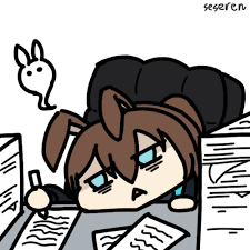 1girl amiya_(arknights) arknights blue_eyes brown_hair exhausted paper paper_stack papers rabbit_ears seseren tired