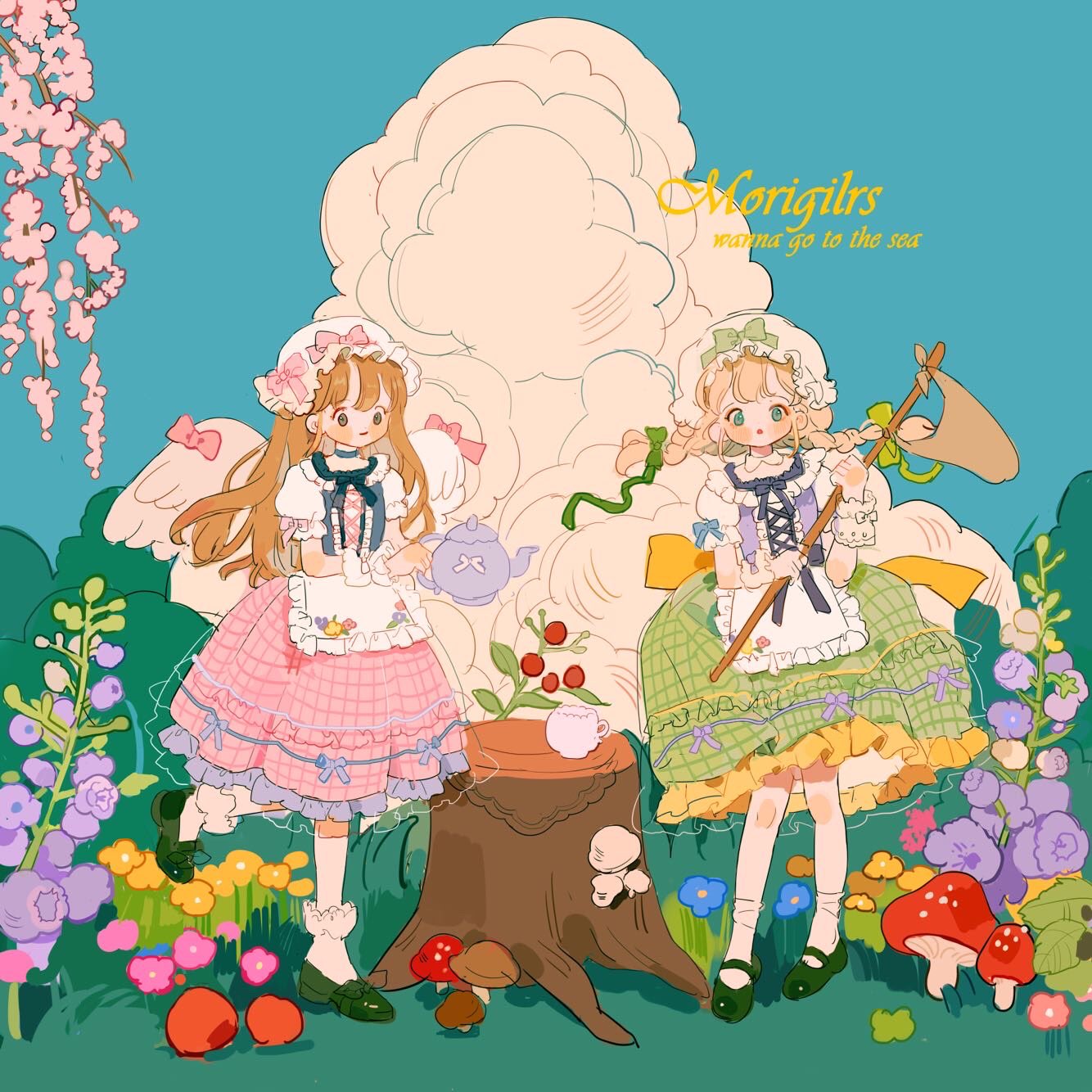 2girls angel_wings ankle_cuffs apron back_bow blonde_hair blue_bow blue_bowtie blue_choker blue_flower blue_sky blue_vest blunt_bangs blush_stickers bow bow_on_wing bow_skirt bowtie braid brown_hair bush center_frills cherry_blossoms choker closed_mouth clouds collar commentary cross-laced_clothes cross-laced_top day detached_collar english_commentary english_text eyeshadow flag floral_print flower footwear_bow frilled_apron frilled_shirt_collar frilled_skirt frilled_sleeves frilled_wrist_cuffs frills full_body grass green_bow green_eyes green_footwear green_skirt hair_bow hat hat_bow high_heels highres holding holding_flag kneehighs layered_skirt leaf leg_up long_hair looking_at_viewer makeup mary_janes medium_skirt mob_cap multiple_girls mushroom open_mouth original outdoors pink_bow pink_flower pink_skirt plaid plaid_skirt puffy_short_sleeves puffy_sleeves pumps purple_bow purple_flower purple_vest putong_xiao_gou red_eyeshadow see-through_skirt_layer shirt shoes short_sleeves skirt sky sleeve_bow socks straight-on traditional_clothes triangle_mouth twin_braids vest waist_apron waist_bow white_apron white_bow white_collar white_headwear white_shirt white_socks white_wings white_wrist_cuffs wings wrist_bow yellow_bow yellow_flower