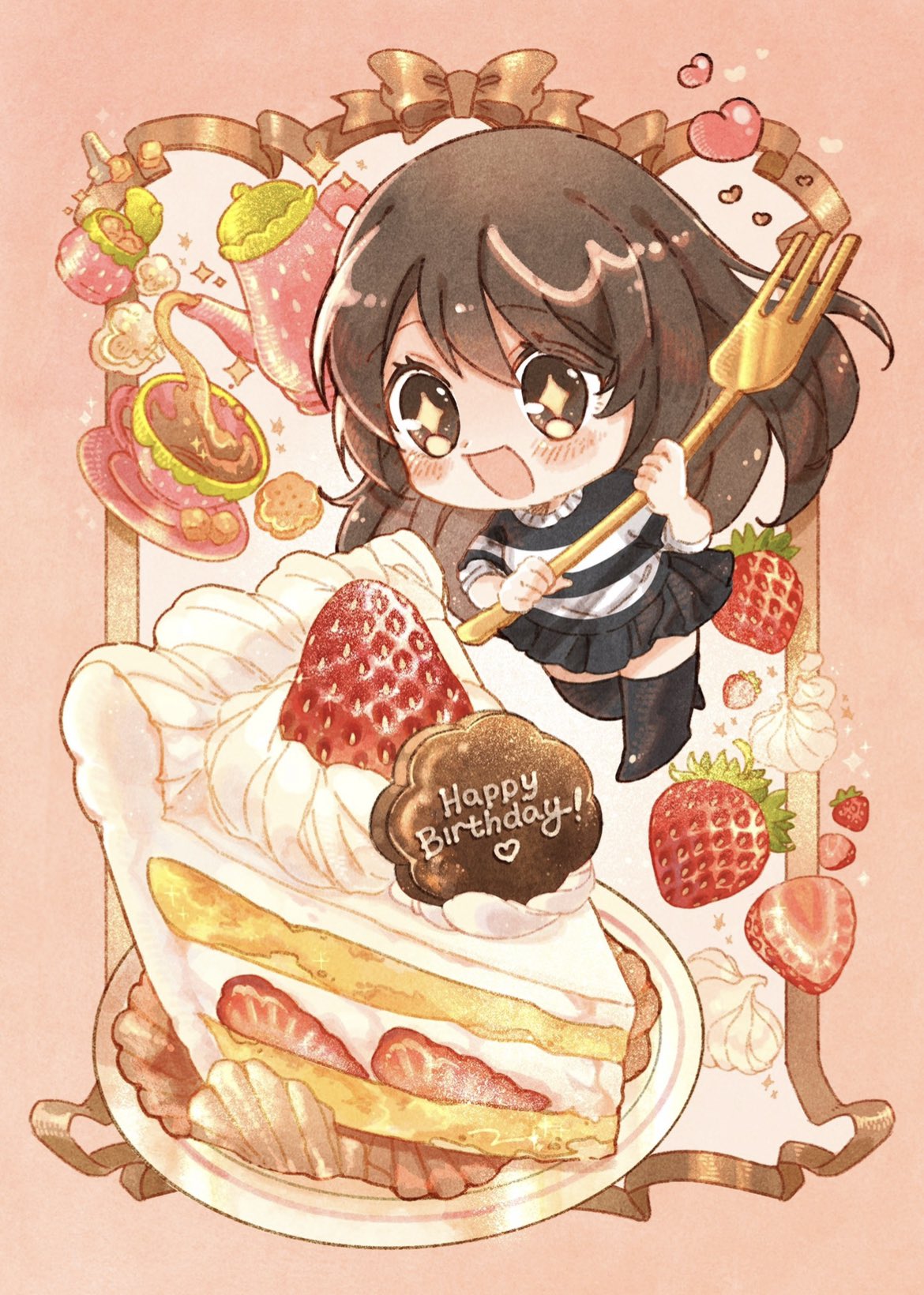 +_+ 1girl birthday black_footwear black_shirt black_skirt blush_stickers boots brown_eyes brown_hair cake cake_slice chibi commentary commission cookie cup emirichu_(character) english_commentary eyelashes food fork frilled_shirt_collar frills fruit gold_bow happy_birthday heart high_heel_boots high_heels highres holding holding_fork icing long_hair long_sleeves looking_at_food loose_hair_strand miniskirt nao_(bestrollever) open_mouth original oversized_food oversized_object pink_background pleated_skirt pouring second-party_source shirt skirt sleeves_past_elbows smile solo sparkle sparkling_eyes steam strawberry strawberry_shortcake strawberry_slice striped striped_shirt tea teacup teapot thigh_boots two-tone_shirt very_long_hair whipped_cream white_shirt