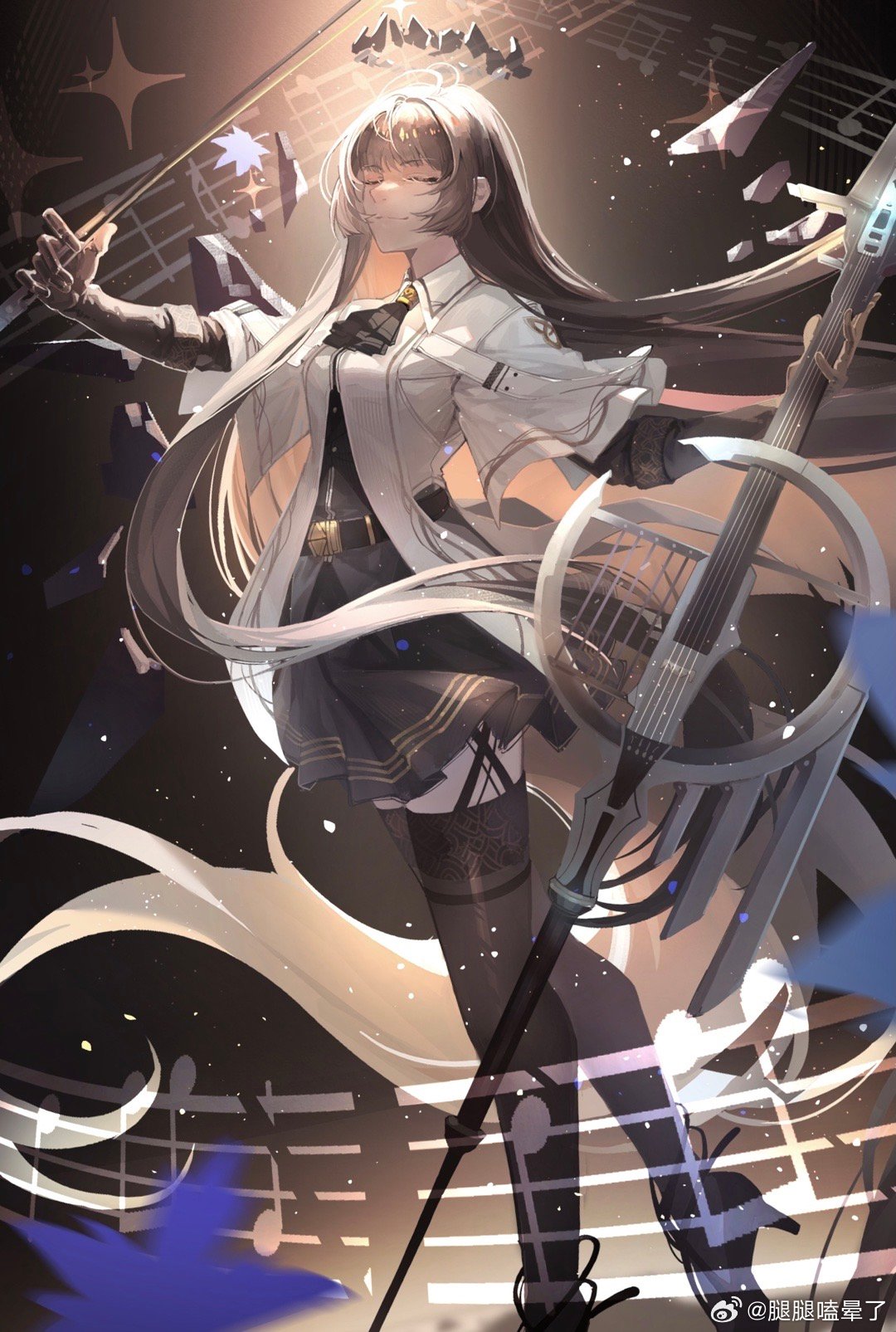1girl absurdly_long_hair antenna_hair arknights artist_name ascot belt belt_buckle black_ascot black_belt black_bustier black_footwear black_garter_straps black_gloves black_skirt black_thighhighs blue_leaf blunt_bangs blurry blurry_foreground bow_(music) breasts brown_background brown_hair buckle bustier buttons cello chinese_commentary chinese_text closed_eyes closed_mouth collared_jacket colored_inner_hair commentary_request depth_of_field dress_shirt facing_ahead falling_leaves floating_hair foot_out_of_frame from_side garter_straps gloves gradient_background grey_shirt hands_up heel_up high_heels highres hime_cut holding holding_bow_(music) holding_instrument holding_violin instrument jacket layered_sleeves leaf light_brown_hair light_particles light_smile long_hair long_sleeves maple_leaf miniskirt multicolored_hair musical_note outstretched_hand pale_skin pleated_skirt shadow shirt short_over_long_sleeves short_sleeved_jacket short_sleeves sidelocks skirt small_breasts solo spotlight staff_(music) standing star_(symbol) straight_hair strappy_heels thigh-highs two-tone_hair very_long_hair violin virtuosa_(arknights) watermark weibo_7097812776 weibo_logo weibo_username white_belt white_jacket wide_sleeves wing_collar zettai_ryouiki