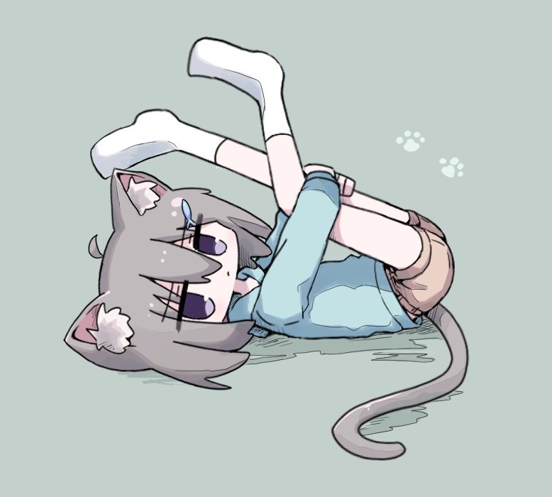 1girl ahoge animal_ear_fluff animal_ears blue_hoodie brown_shorts cat_ears cat_girl cat_tail closed_mouth fish_hair_ornament from_side full_body grey_background grey_hair hair_between_eyes hair_ornament hood hood_down hoodie hugging_own_legs jitome kanikan legs_up long_sleeves looking_at_viewer looking_to_the_side lying medium_hair no_shoes on_back original paw_print short_shorts shorts simple_background socks solo tail violet_eyes white_socks