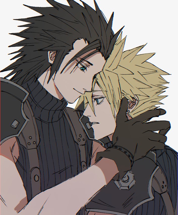 2boys armor black_hair blonde_hair blue_eyes brown_gloves cloud_strife ear_piercing earrings facing_to_the_side final_fantasy final_fantasy_vii gloves grey_background hand_on_another's_neck hug jewelry light_frown light_smile looking_down male_focus medium_hair mtr_dayoo multiple_boys pauldrons piercing short_hair shoulder_armor simple_background sleeveless sleeveless_turtleneck spiky_hair stud_earrings suspenders turtleneck upper_body zack_fair