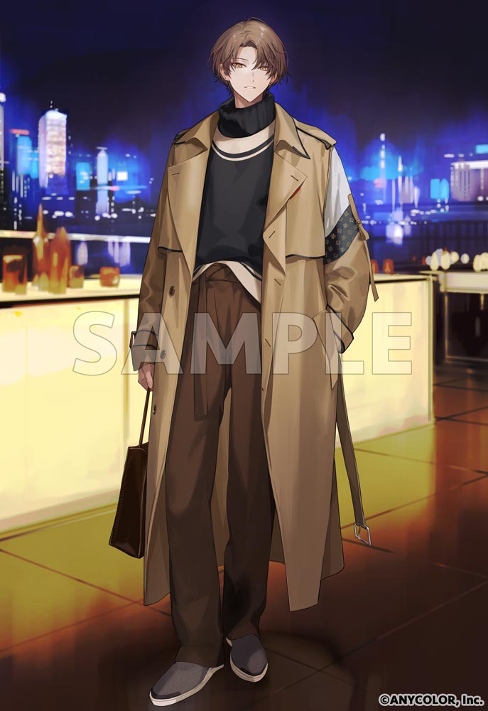 1boy alternate_costume bag black_sweater blurry blurry_background brown_coat brown_eyes brown_hair brown_pants building coat copyright_notice counter curtained_hair full_body grey_footwear hand_in_pocket holding holding_bag itefu kagami_hayato long_sleeves looking_at_viewer male_focus night nijisanji official_art open_clothes open_coat outdoors pants parted_bangs sample_watermark shoes shopping_bag short_hair skyscraper smile solo standing sweater tile_floor tiles turtleneck turtleneck_sweater virtual_youtuber watermark
