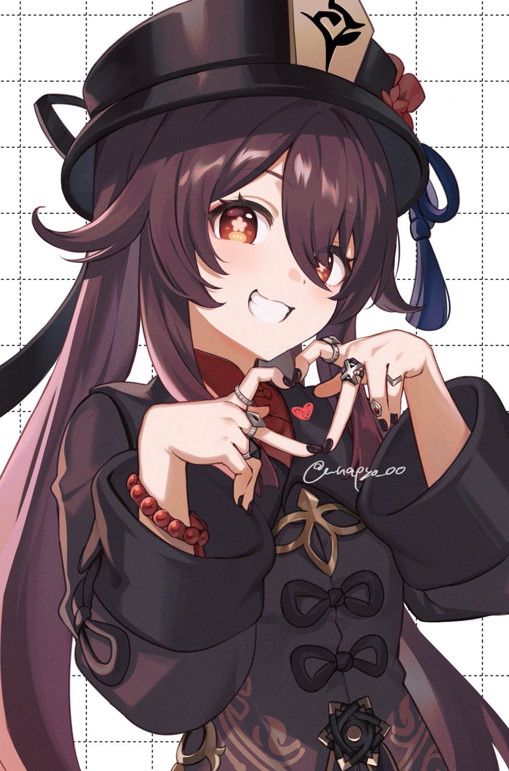 1girl artist_name bead_bracelet beads black_headwear black_nails blush bracelet breasts brown_coat brown_hair coat flat_chest flower flower-shaped_pupils genshin_impact hair_between_eyes hair_ornament hat hat_flower hat_tassel heart highres hu_tao_(genshin_impact) jewelry long_hair long_sleeves looking_at_viewer multiple_rings nail_polish open_mouth plum_blossoms porkpie_hat red_eyes red_flower red_shirt ring shirt simple_background smile solo symbol-shaped_pupils teeth twintails unapoppo upper_body white_background wide_sleeves yellow_tassel