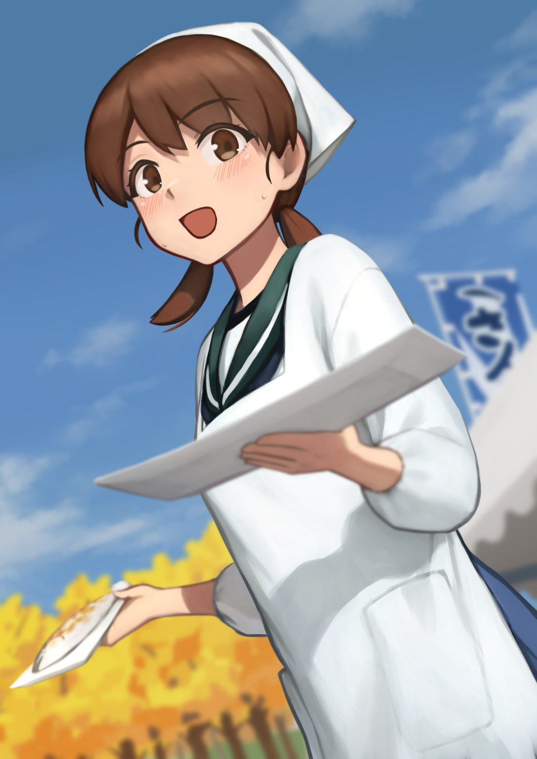 1girl apron bandana blue_sailor_collar blue_sky brown_eyes clouds commentary_request day dutch_angle fish highres kantai_collection kappougi looking_at_viewer low_twintails medium_hair official_alternate_costume outdoors parted_bangs plate porupurucha sailor_collar saury school_uniform serafuku shirayuki_(kancolle) short_twintails sky smile solo standing twintails white_bandana
