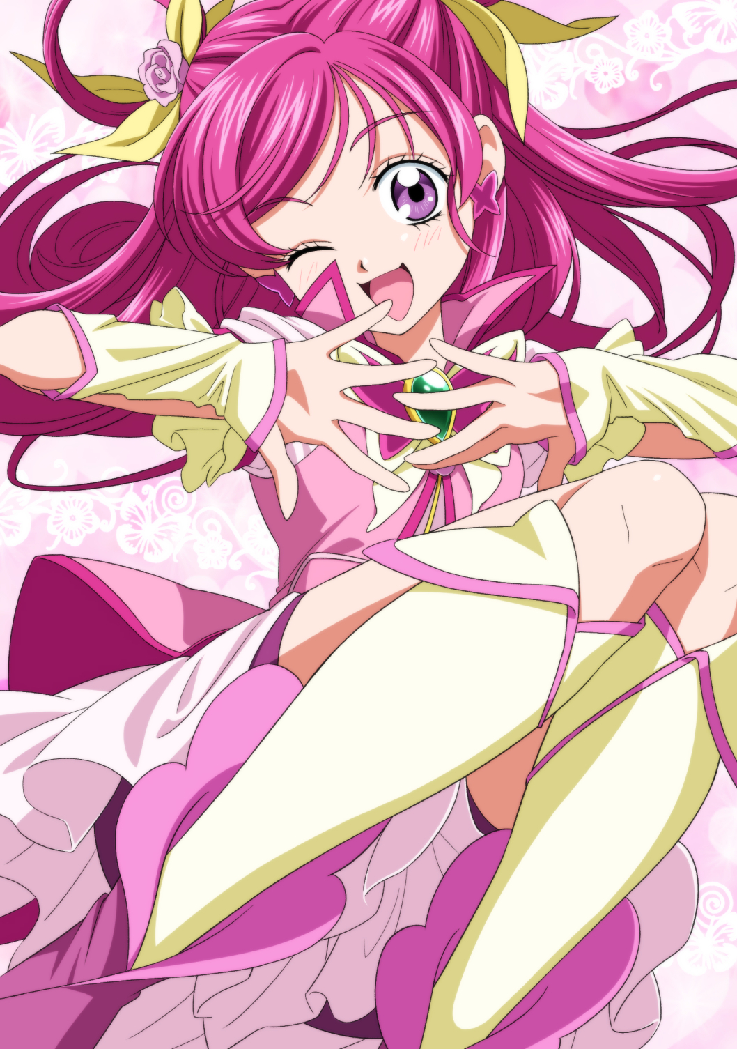 1girl :d bow brooch butterfly_earrings commentary_request cure_dream dokushibuki earrings eyelashes fingerless_gloves flower frills gloves hair_bow hair_ornament highres jewelry one_eye_closed open_mouth pink_hair precure rose smile solo violet_eyes yes!_precure_5 yes!_precure_5_gogo! yumehara_nozomi