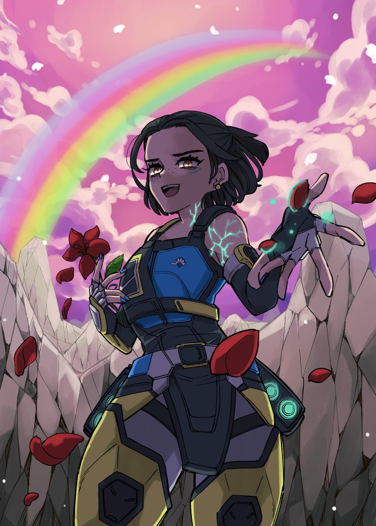 1girl animification apex_legends black_gloves blue_nails blue_tank_top brown_eyes clouds conduit_(apex_legends) earrings fingerless_gloves flower freckles gloves glowing grey_pants hair_behind_ear holding holding_flower jewelry mononobex nail_polish open_hand pants pink_sky rainbow red_flower sky smile solo tank_top