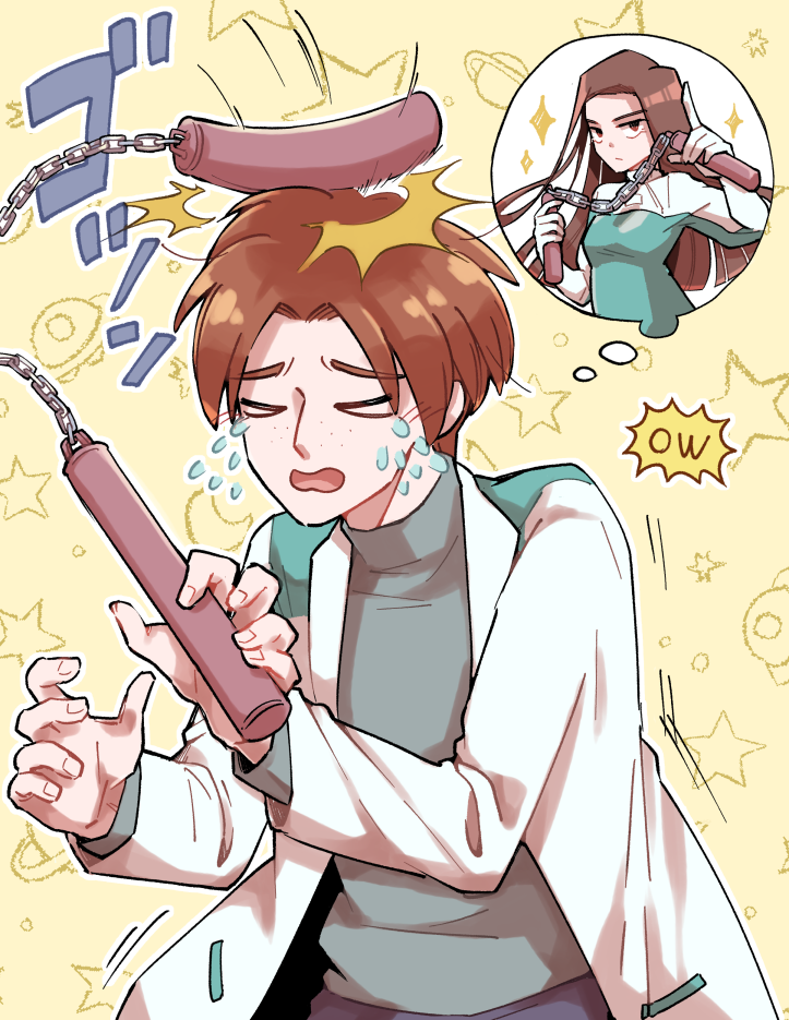 &gt;_&lt; 1boy 1girl animification apex_legends aqua_jacket ashleigh_reid breasts brown_eyes brown_hair crying failure freckles gloves grey_sweater holding holding_nunchaku holding_weapon imagining jacket long_hair male_focus medium_breasts mononobex newton_somers nunchaku open_mouth pointing solo_focus sound_effects sparkle star_(symbol) sweater weapon white_gloves white_jacket