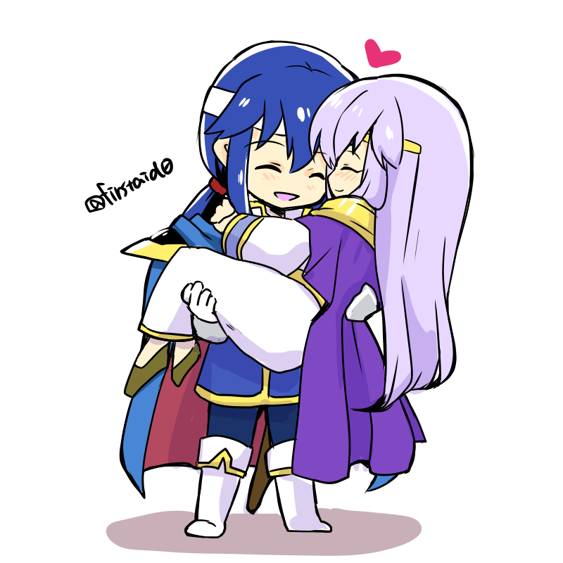 1boy 1girl blue_cape blue_hair brother_and_sister cape carrying circlet closed_eyes dress fire_emblem fire_emblem:_genealogy_of_the_holy_war headband incest julia_(fire_emblem) long_hair ponytail princess_carry purple_cape purple_hair seliph_(fire_emblem) siblings simple_background white_headband yukia_(firstaid0)