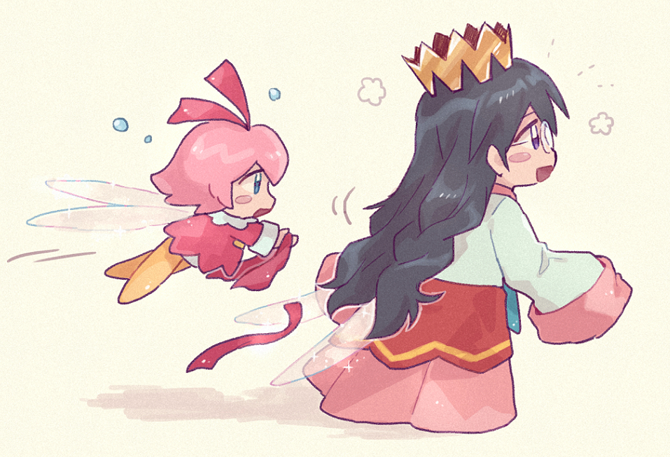 2girls :d black_hair blue_eyes blush blush_stickers chiimako commentary_request crown dress fairy fairy_wings flower_(symbol) flying glasses hair_between_eyes hair_down hair_ribbon holding holding_ribbon kirby_(series) kirby_64 layered_skirt long_hair long_sleeves multiple_girls open_mouth pink_hair pink_skirt profile red_dress red_ribbon red_skirt ribbon ribbon_(kirby) ripple_star_queen shirt short_hair simple_background skirt sleeve_cuffs sleeves_past_fingers sleeves_past_wrists smile very_long_hair violet_eyes white_shirt wings yellow_background