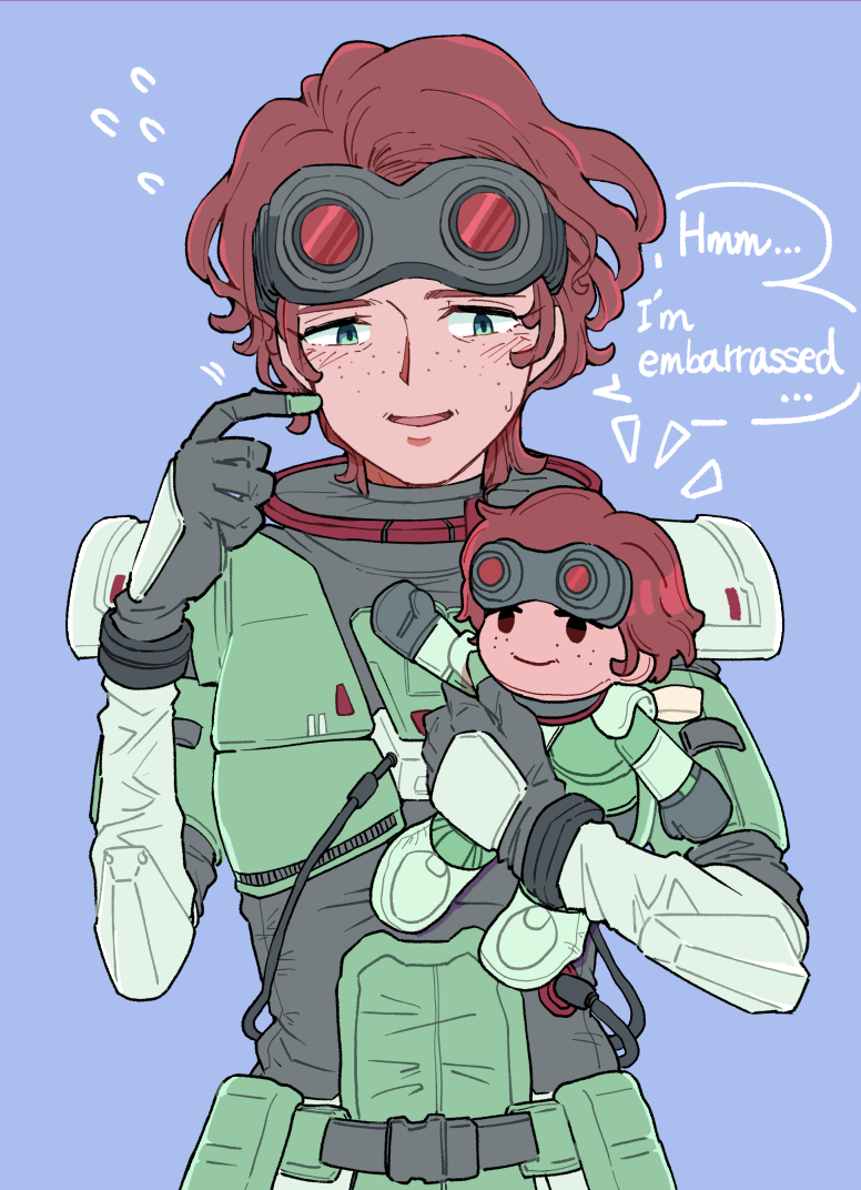 1girl animification apex_legends black_gloves blue_background brown_hair character_doll doll embarrassed english_text freckles gloves goggles goggles_on_head green_eyes holding holding_doll horizon_(apex_legends) mononobex open_mouth short_hair smile solo spacesuit speech_bubble straight-on sweatdrop