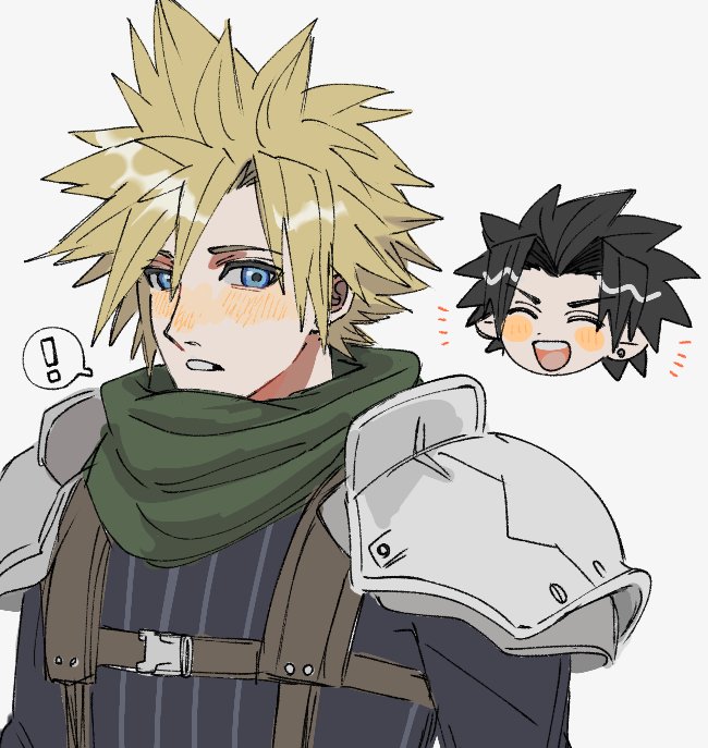 ! 2boys armor black_hair blonde_hair blue_eyes blue_shirt chibi chibi_inset closed_eyes cloud_strife crisis_core_final_fantasy_vii ear_piercing earrings final_fantasy final_fantasy_vii green_scarf grey_eyes happy jewelry male_focus mtr_dayoo multiple_boys open_mouth parted_bangs parted_lips pauldrons piercing scarf shirt short_hair shoulder_armor smile speech_bubble spiky_hair stud_earrings suspenders upper_body zack_fair