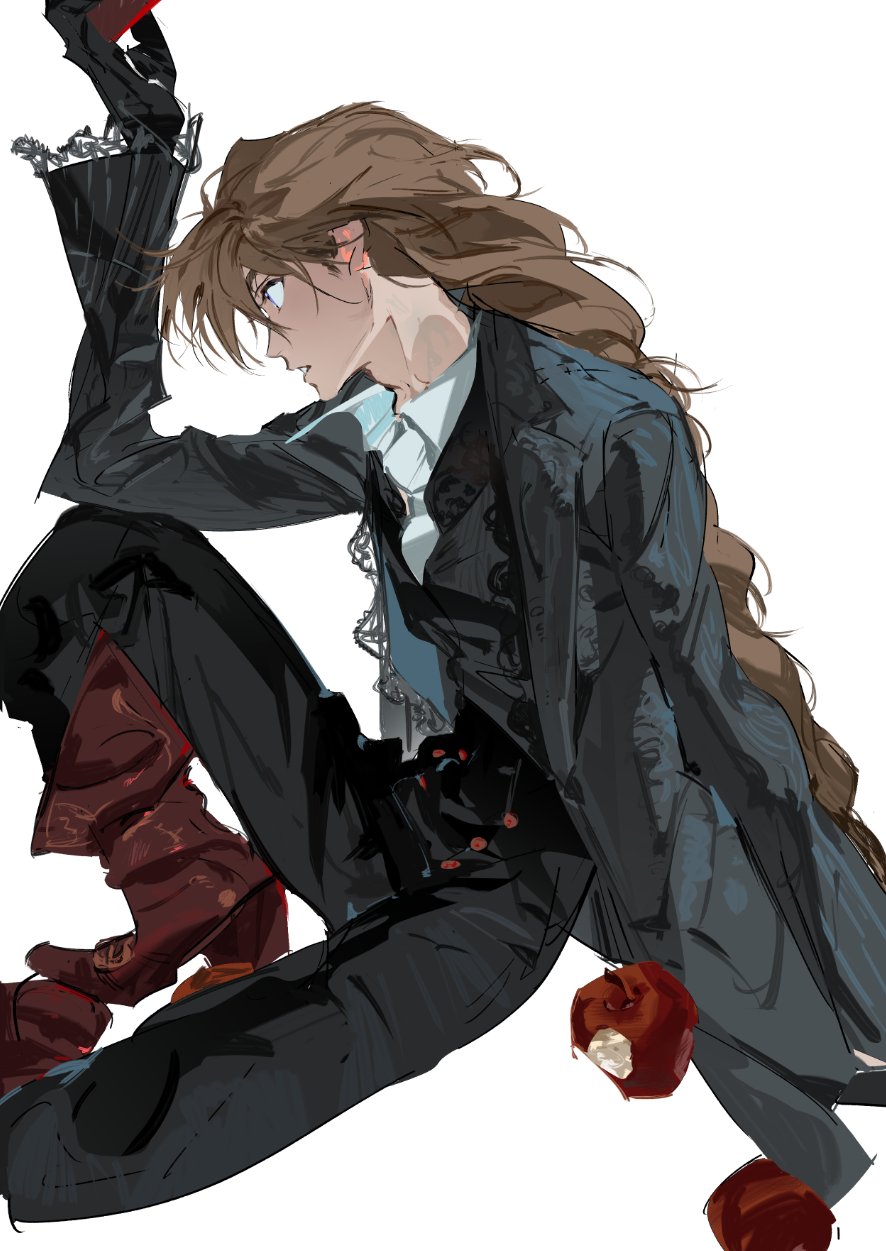 1boy apple atie1225 bitten_apple black_gloves black_pants boots braid brown_hair commentary duo_maxwell food food_bite from_side fruit gloves gundam gundam_wing highres knee_up long_hair long_sleeves male_focus pants parted_lips profile red_footwear simple_background single_braid sitting solo symbol-only_commentary violet_eyes white_background