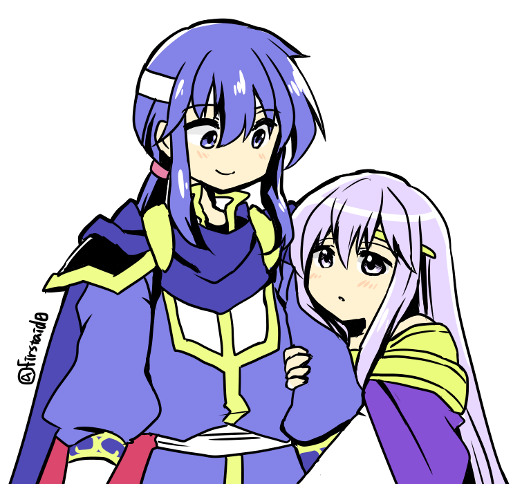 1boy 1girl blue_cape blue_hair brother_and_sister cape circlet dress fire_emblem fire_emblem:_genealogy_of_the_holy_war headband holding holding_another's_arm julia_(fire_emblem) long_hair looking_at_another open_mouth ponytail purple_cape purple_hair seliph_(fire_emblem) siblings simple_background smile violet_eyes white_headband yukia_(firstaid0)