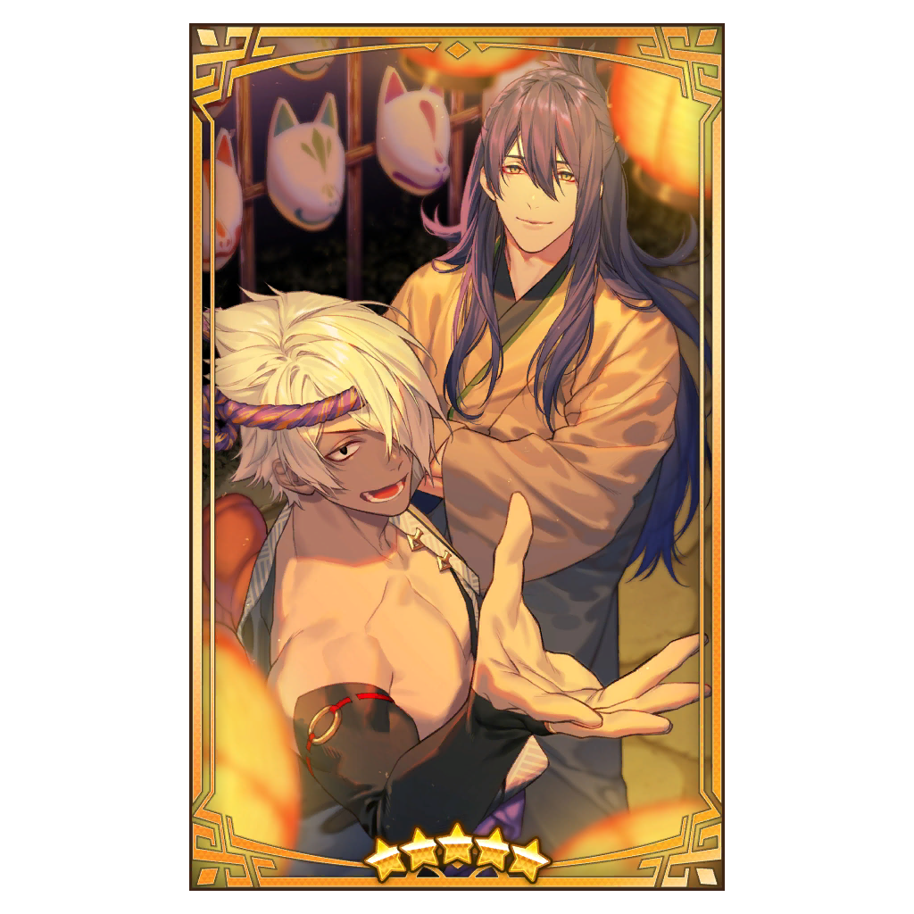 2boys bare_pectorals crossed_arms detached_sleeves dragalia_lost fox_mask hachimaki headband ieyasu_(dragalia_lost) japanese_clothes kazuki_yone lantern looking_at_viewer male_focus mask multiple_boys nejiri_hachimaki official_art one_eye_covered open_hand open_mouth outstretched_hand paper_lantern pectorals purple_hair red_eyeliner smile star_(symbol) white_hair yaten_(dragalia_lost)
