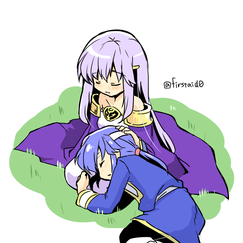 1boy 1girl blue_hair brother_and_sister cape closed_eyes commentary_request dress fire_emblem fire_emblem:_genealogy_of_the_holy_war headband julia_(fire_emblem) lap_pillow long_hair open_mouth ponytail purple_cape seliph_(fire_emblem) siblings simple_background sleeping sleeping_on_person white_headband yukia_(firstaid0)