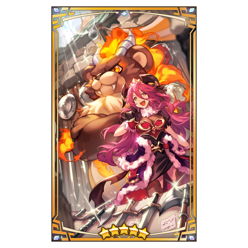 1boy 1girl animal_ears arctos_(dragalia_lost) bear_boy bear_ears calling claws crossed_arms dragalia_lost dragon_girl dragon_horns fiery_hair furry furry_male furry_with_non-furry hand_to_own_mouth horns interspecies lee_hyeseung light_rays looking_ahead mym_(dragalia_lost) official_art open_mouth redhead shield smile sparkle star_(symbol) sun_glare weapon