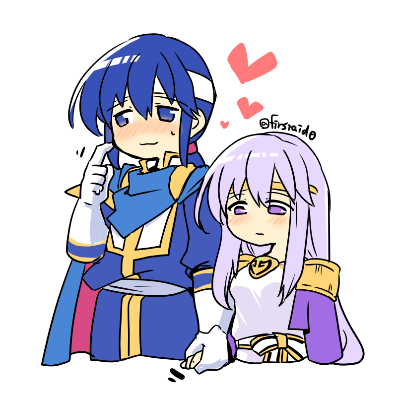 1boy 1girl blue_cape blue_eyes blue_hair blush brother_and_sister cape circlet dress embarrassed fire_emblem fire_emblem:_genealogy_of_the_holy_war headband holding_hands incest julia_(fire_emblem) long_hair ponytail purple_cape purple_hair seliph_(fire_emblem) siblings simple_background violet_eyes white_headband yukia_(firstaid0)