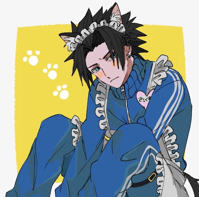 1boy animal_ears apron badge between_legs black_hair blue_eyes blue_jacket blue_pants blue_track_suit button_badge commentary_request crisis_core_final_fantasy_vii dog_boy dog_ears dog_tail ear_piercing earrings final_fantasy final_fantasy_vii glaring hand_between_legs high_collar jacket jewelry knees_up leaning leaning_forward light_frown maid_apron maid_headdress male_focus mtr_dayoo pants paw_print piercing short_hair simple_background sitting solo spiky_hair square_background stud_earrings tail thigh_strap track_jacket track_pants track_suit translation_request yellow_background zack_fair zipper