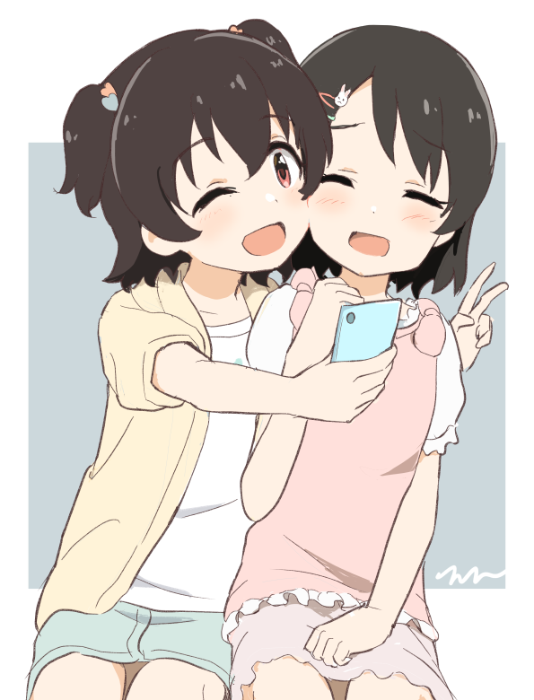 2girls :d ;d ^_^ aayh akagi_miria black_hair blue_skirt blush cellphone closed_eyes commentary_request grey_background hair_between_eyes hair_ornament hairclip heart heart_hair_ornament holding holding_phone hood hood_down hooded_jacket idolmaster idolmaster_cinderella_girls idolmaster_cinderella_girls_u149 jacket multiple_girls one_eye_closed open_clothes open_jacket phone pink_skirt puffy_short_sleeves puffy_sleeves rabbit_hair_ornament red_eyes sasaki_chie shirt short_sleeves signature skirt smile two-tone_background two_side_up white_background white_shirt yellow_jacket